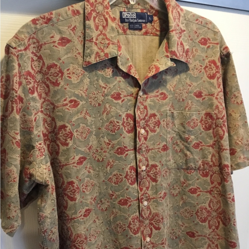 Polo by Ralph Lauren Men's Red and Tan Linen-Cotton Shirt